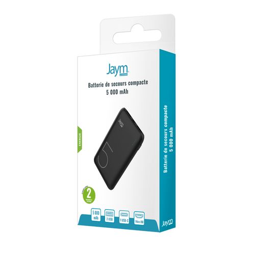 BATTERIE DE SECOURS 5.000 MAH 2 USB-A OUT + 1 USB-C IN + 1 MICRO-USB IN - NOIRE - JAYM - 3