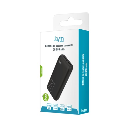 BATTERIE DE SECOURS 20.000 MAH 2 USB-A OUT + 1 USB-C IN + 1 MICRO-USB IN - NOIRE - JAYM - 3