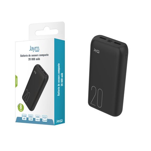 BATTERIE DE SECOURS 20.000 MAH 2 USB-A OUT + 1 USB-C IN + 1 MICRO-USB IN - NOIRE - JAYM - 2