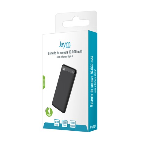 BATTERIE DE SECOURS 10.000 MAH PREMIUM AVEC AFFICHAGE DIGITAL - 2 USB-A OUT + 1 USB-C IN / OUT - 3