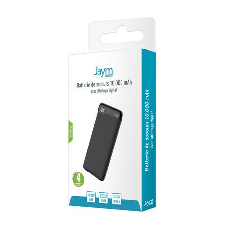 BATTERIE DE SECOURS 10.000 MAH PREMIUM AVEC AFFICHAGE DIGITAL - 2 USB-A OUT + 1 USB-C IN / OUT - 3
