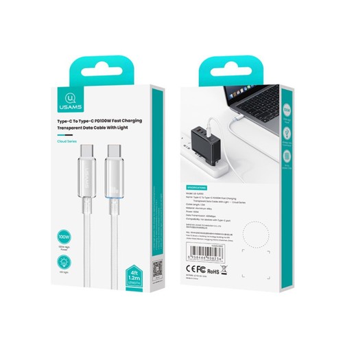 CABLE CHARGE USB-C VERS USB-C PD 3.0 (100W) - 1.2M - LED LUMINEUSE - BLANC - USAMS - 6