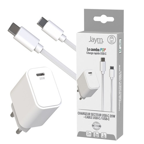 CHARGEUR SECTEUR USB-C PD 20W + CABLE USB-C VERS USB-C 1.5M - BLANCS - 1