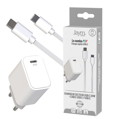CHARGEUR SECTEUR USB-C PD 20W + CABLE USB-C VERS USB-C 1.5M - BLANCS - 1