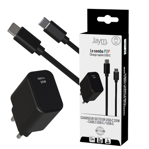 CHARGEUR SECTEUR USB-C PD 20W + CABLE USB-C VERS USB-C 1.5M - NOIRS - 1