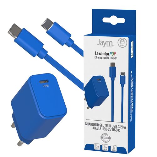 CHARGEUR SECTEUR USB-C PD 20W + CABLE USB-C VERS USB-C 1.5M - BLEU COBALT - 4