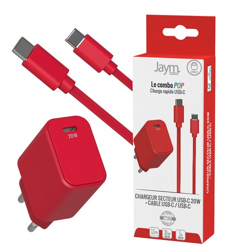 CHARGEUR SECTEUR USB-C PD 20W + CABLE USB-C VERS USB-C 1.5M - ROUGE - 1