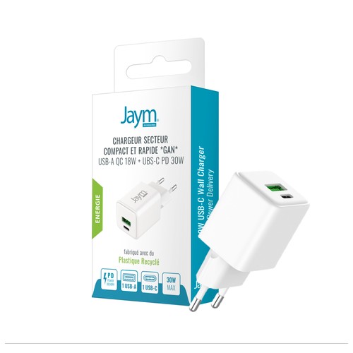CHARGEUR SECTEUR *GAN* DOUBLE USB : USB-A 18W QC + USB-C 30W - 1