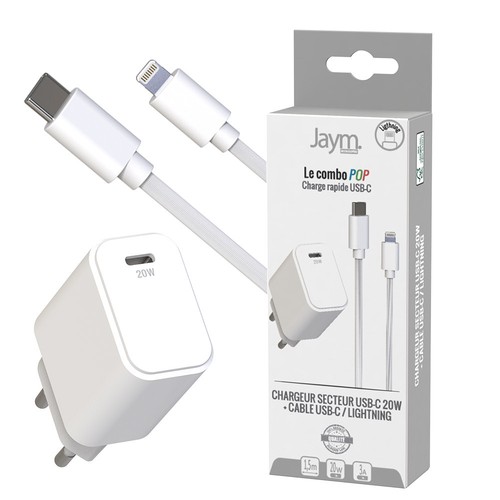 CHARGEUR SECTEUR USB-C PD 20W + CABLE USB-C VERS LIGHTNING 1.5M - 1