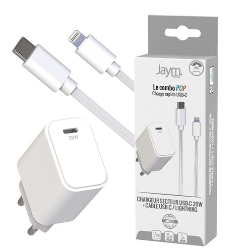 CHARGEUR SECTEUR USB-C PD 20W + CABLE USB-C VERS LIGHTNING 1.5M - 1