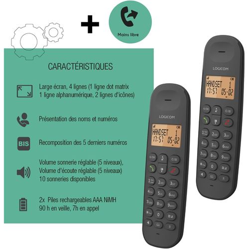 TELEPHONE DECT ILOA 255T DUO 2 POSTES - MAINS LIBRES + RÉPONDEUR - NOIR - LOGICOM - 2