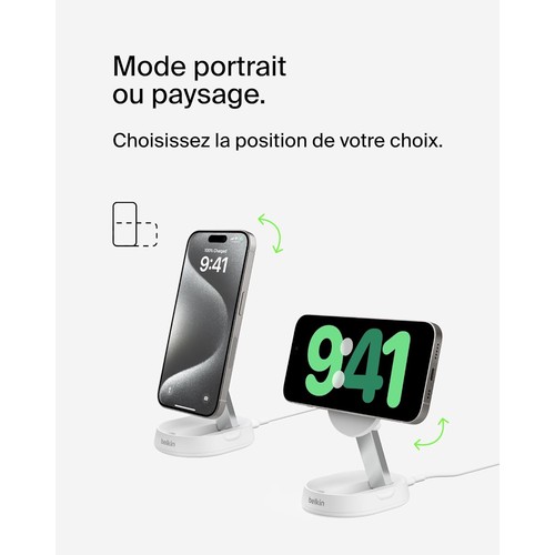 STATION DE RECHARGE RETRACTABLE AVEC INDUCTION Qi2 15W POUR IPHONE - BLANC - BELKIN - 4