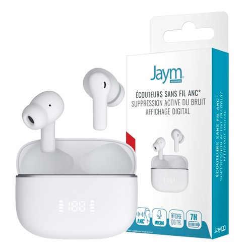 ECOUTEURS - NOISE CANCELLING ACTIF (ANC) - INTRA AURICULAIRES - AFFICHAGE DIGITAL - BLUETOOTH 5.3 - BLANCS - JAYM® - 1