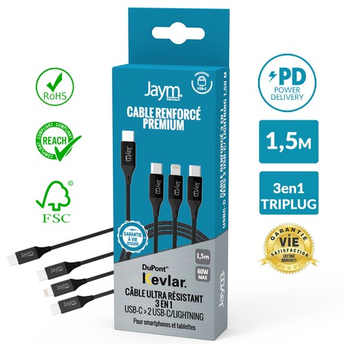 CABLE 3-EN-1 RENFORCÉ USB-C VERS DOUBLE USB-C PD 3.0 (60W) / LIGHTNING PD (27W) - 2