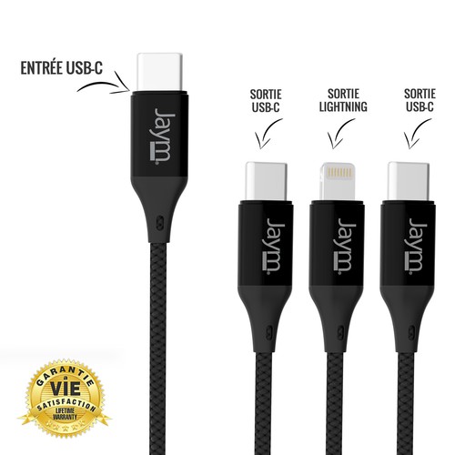 CABLE 3-EN-1 RENFORCÉ USB-C VERS DOUBLE USB-C PD 3.0 (60W) / LIGHTNING PD (27W) - 4