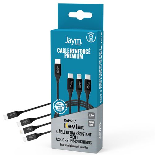 CABLE  3-EN-1 RENFORCÉ USB-C VERS DOUBLE USB-C PD 3.0 (60W) / LIGHTNING PD (27W) - 4