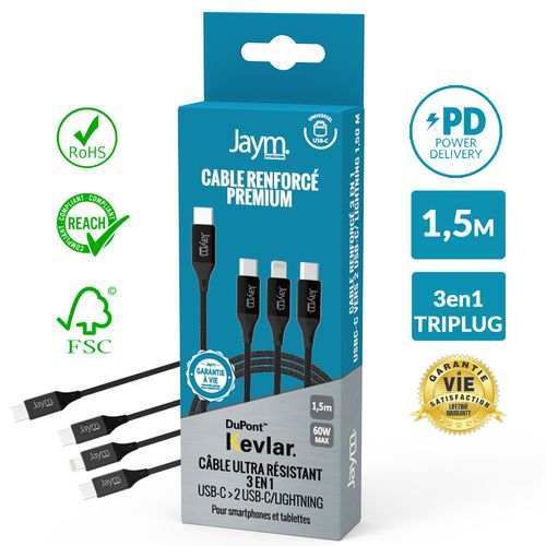 CABLE  3-EN-1 RENFORCÉ USB-C VERS DOUBLE USB-C PD 3.0 (60W) / LIGHTNING PD (27W) - 2