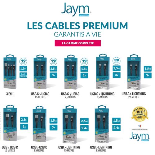 CABLE  3-EN-1 RENFORCÉ USB-C VERS DOUBLE USB-C PD 3.0 (60W) / LIGHTNING PD (27W) - 8