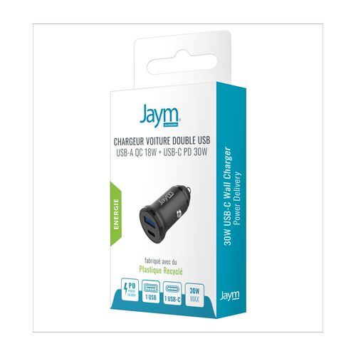 CHARGEUR VOITURE COMPACT ET RAPIDE DOUBLE USB : USB-A 18W QC + USB-C 30W PD - JAYM® - 3