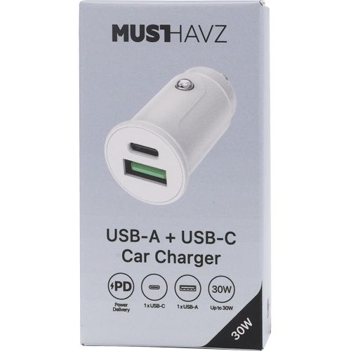 CHARGEUR VOITURE DOUBLE USB : USB-A 12W + USB-C 30W PD - BLANC - 3