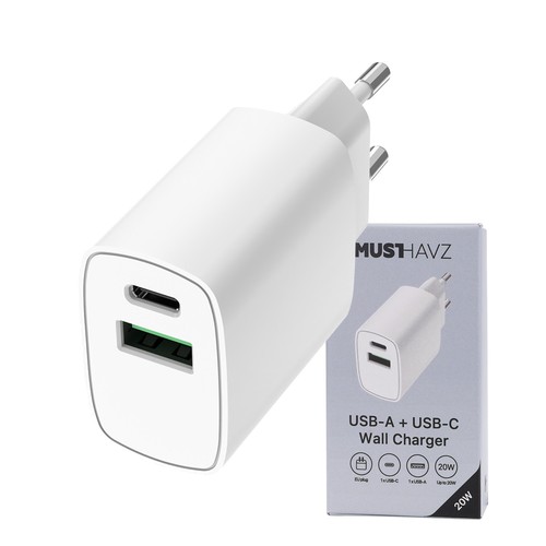 CHARGEUR SECTEUR DOUBLE USB : USB-A 18W + USB-C 20W PD - BLANC - 1