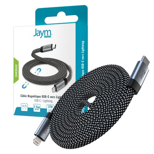 CABLE CHARGE USB-C VERS LIGHTNING PD 3.0 (27W) - MAGNÉTIQUE FORMAT PLAT - GARANTIE A VIE - 1.5M - GRIS - - 1