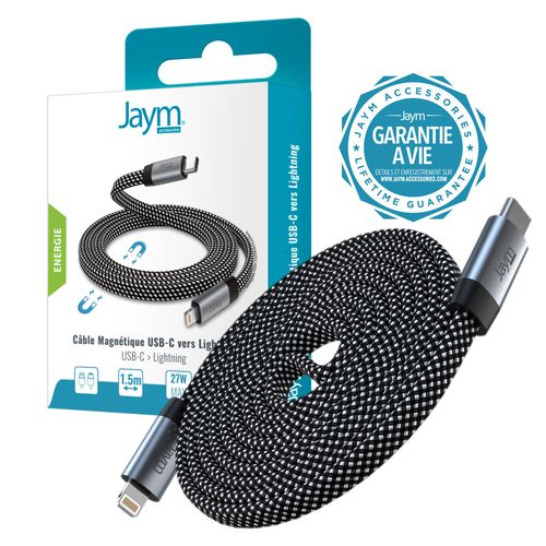 CABLE CHARGE  USB-C VERS LIGHTNING PD 3.0 (27W) - MAGNÉTIQUE FORMAT PLAT - GARANTIE A VIE - 1.5M - GRIS - - 2
