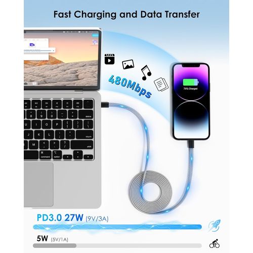 CABLE CHARGE  USB-C VERS LIGHTNING PD 3.0 (27W) - MAGNÉTIQUE FORMAT PLAT - GARANTIE A VIE - 1.5M - GRIS - - 5