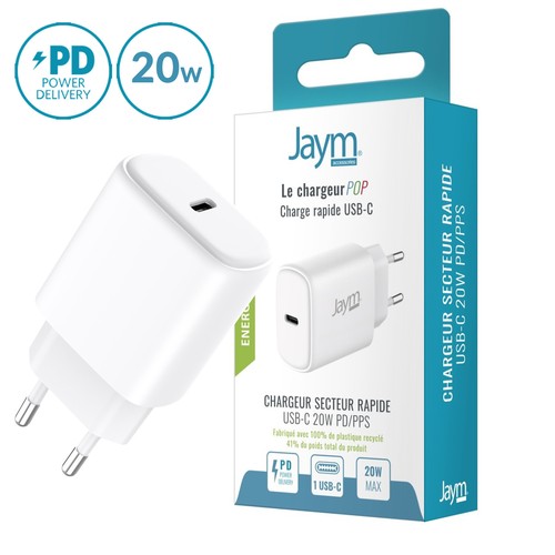 CHARGEUR SECTEUR RAPIDE USB-C 20W PD ET PPS BLANC - JAYM® POP - 1