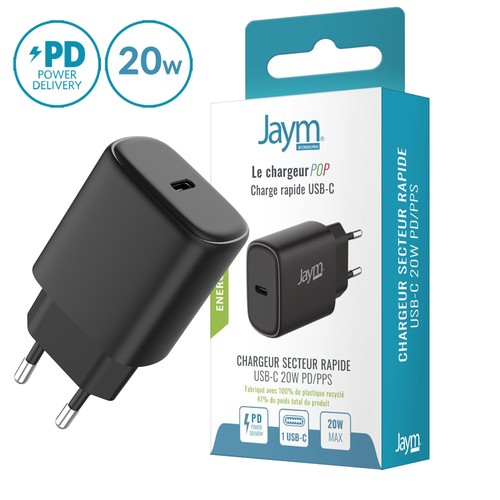 CHARGEUR SECTEUR RAPIDE USB-C 20W PD ET PPS NOIR - JAYM® POP - 1