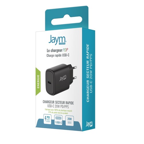CHARGEUR SECTEUR RAPIDE USB-C 20W PD ET PPS NOIR - JAYM® POP - 7