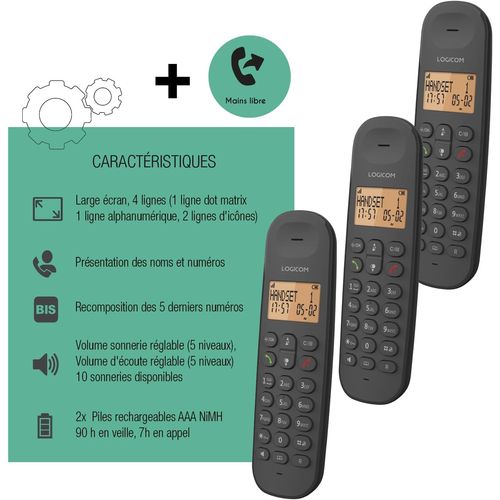 TELEPHONE DECT ILOA 350 TRIO 3 POSTES - MAINS LIBRES - NOIR - LOGICOM - 2