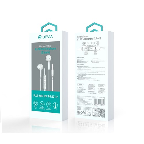 KIT PIETON ECOUTEURS CLASSIQUES JACK 3,5MM + TELECOMMANDE + MICRO BLANCS - DEVIA - 4
