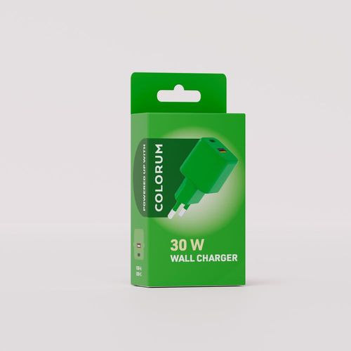 CHARGEUR SECTEUR  *GAN* DOUBLE : USB-A 18W QC + USB-C 30W PD - COLORUM VERT - 3