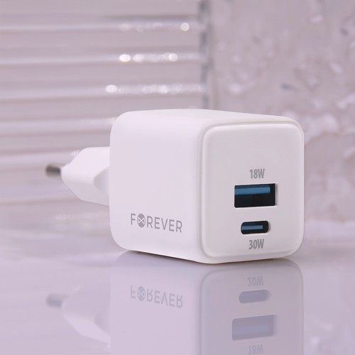 CHARGEUR SECTEUR *GAN* DOUBLE : USB-A 18W QC + USB-C 30W PD BLANC - FOREVER - 5