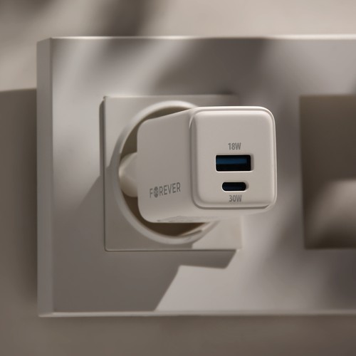 CHARGEUR SECTEUR *GAN* DOUBLE : USB-A 18W QC + USB-C 30W PD BLANC - FOREVER - 7