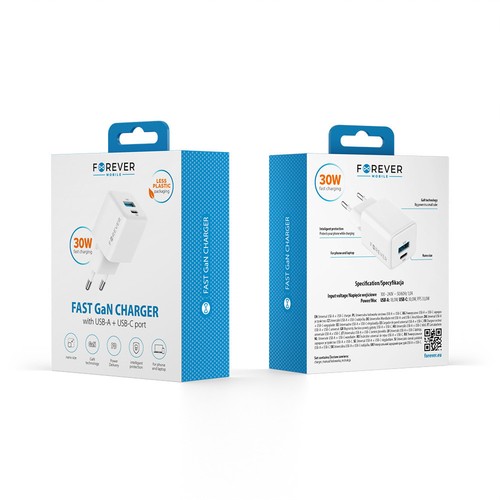 CHARGEUR SECTEUR *GAN* DOUBLE : USB-A 18W QC + USB-C 30W PD BLANC - FOREVER - 8