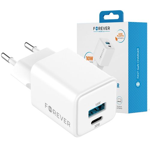 CHARGEUR SECTEUR  *GAN* DOUBLE : USB-A 18W QC + USB-C 30W PD BLANC - FOREVER - 1