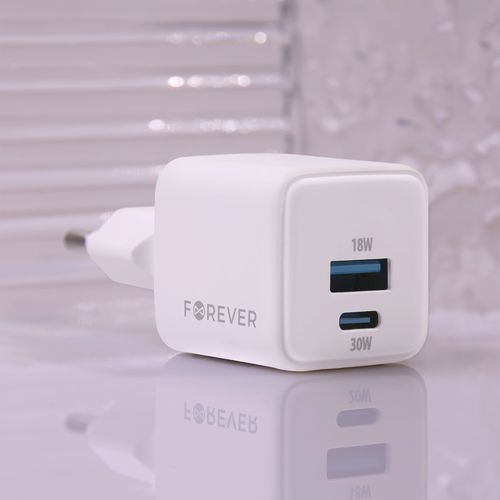 CHARGEUR SECTEUR  *GAN* DOUBLE : USB-A 18W QC + USB-C 30W PD BLANC - FOREVER - 5