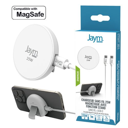 CHARGEUR INTELLIGENT PAD A INDUCTION RAPIDE QI2 25W - AIMANTÉ MAGSAFE AVEC FONCTION STAND - BLANC - JAYM® - 1