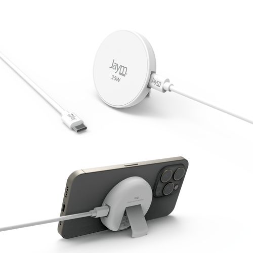 CHARGEUR INTELLIGENT PAD A INDUCTION RAPIDE QI2 25W - AIMANTÉ MAGSAFE AVEC FONCTION STAND - BLANC - JAYM® - 2