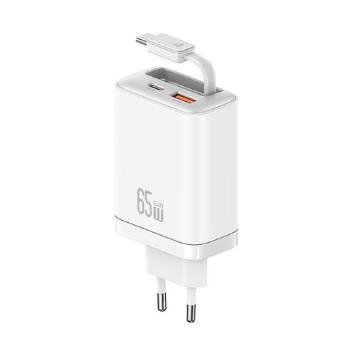 CHARGEUR SECTEUR RAPIDE DOUBLE USB 65W : CABLE RETRACTABLE USB-C 65W + 1 USB-C 65W + 1 USB-A 60W - PD ET PPS - BLANC - USAMS - 4