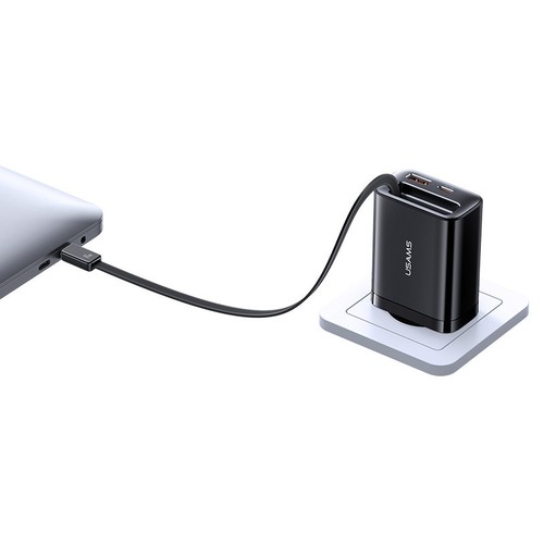 CHARGEUR SECTEUR RAPIDE DOUBLE USB 65W : CABLE RETRACTABLE USB-C 65W + 1 USB-C 65W + 1 USB-A 60W - PD ET PPS - BLANC - USAMS - 4
