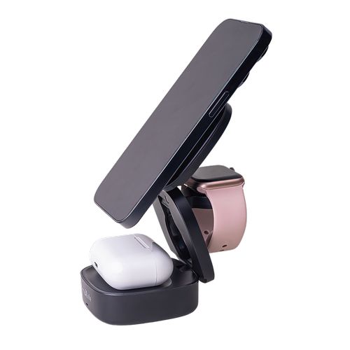 STATION DE RECHARGE INDUCTION 3-EN-1 MAGSAFE 15W : SMARTPHONE + AIRPODS + WATCH - NOIR - MAXLIFE - 4