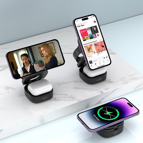 STATION DE RECHARGE INDUCTION 3-EN-1 MAGSAFE 15W : SMARTPHONE + AIRPODS + WATCH - NOIR - MAXLIFE - 7