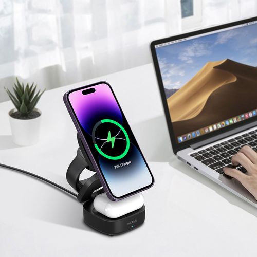 STATION DE RECHARGE INDUCTION 3-EN-1 MAGSAFE 15W : SMARTPHONE + AIRPODS + WATCH - NOIR - MAXLIFE - 6