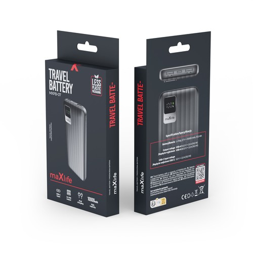 BATTERIE DE SECOURS 10 000 MAH 2 USB-A OUT + 1 USB-C IN - NOIR - MAXLIFE - 3