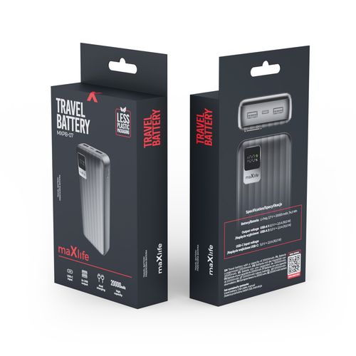 BATTERIE DE SECOURS 20 000 MAH 2 USB-A OUT + 1 USB-C IN - NOIR - MAXLIFE - 3
