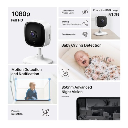 CAMERA WIFI POUR INTERIEUR AVEC ENREGISTREMENT - VISION NOCTURNE - VIDEO 1080P FULL HD - TAPO - 2
