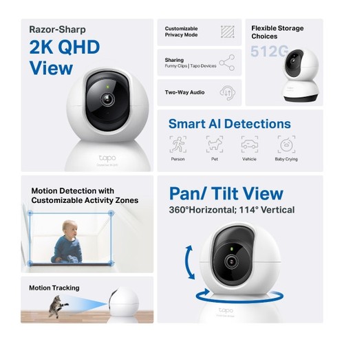 CAMERA WIFI DE SECURITE POUR INTERIEUR AVEC ENREGISTREMENT - ROTATIVE 360° ET INCLINABLE 114° - VIDEO 2K 4MP QHD - TAPO - 2